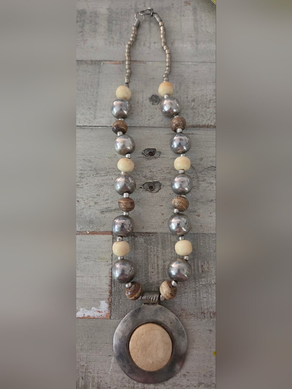 Vintage Boho Tribal Solid Back Silver Tone Jasper Bone Beads Statement Necklace